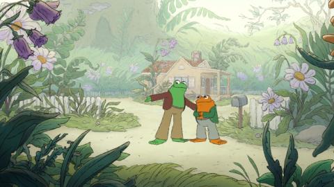 Friends Frog and Toad hanging out in their lush neighborhood surrounded by flowers.