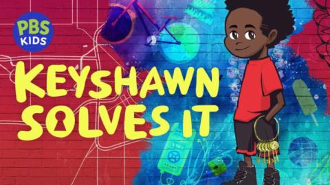 An illustration of a young Black boy in a red shirt and black high-top shoes, standing and smiling. The image features the text Keyshawn Solves It.