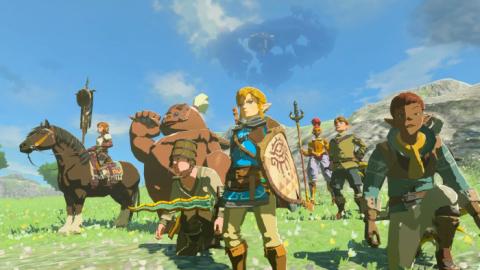 Link, one of the heroes of the Legend of Zelda series, looking determined as he stands among a range of adventurer companions.