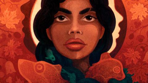 The cover illustration for the book Warrior Girl Unearthed shows a young Ojibwe woman, framed by her dark black hair, amid red and orange depictions of flora and fauna from her tribal lands.